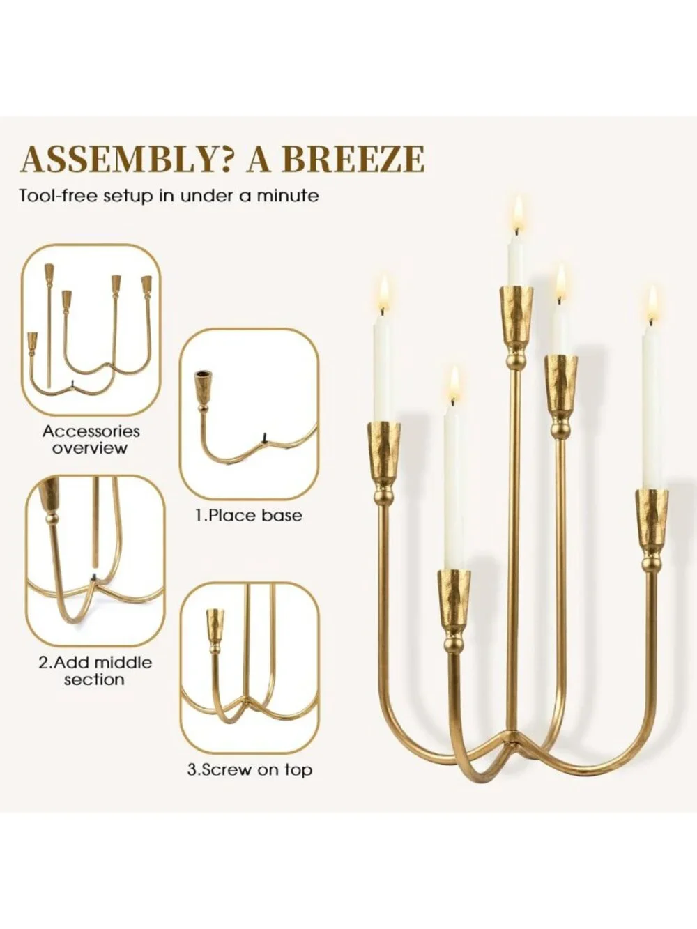 Elegant 5 Arm Antique Brass Candelabra Candle Holder - 17.5'' Tall Gold Decor